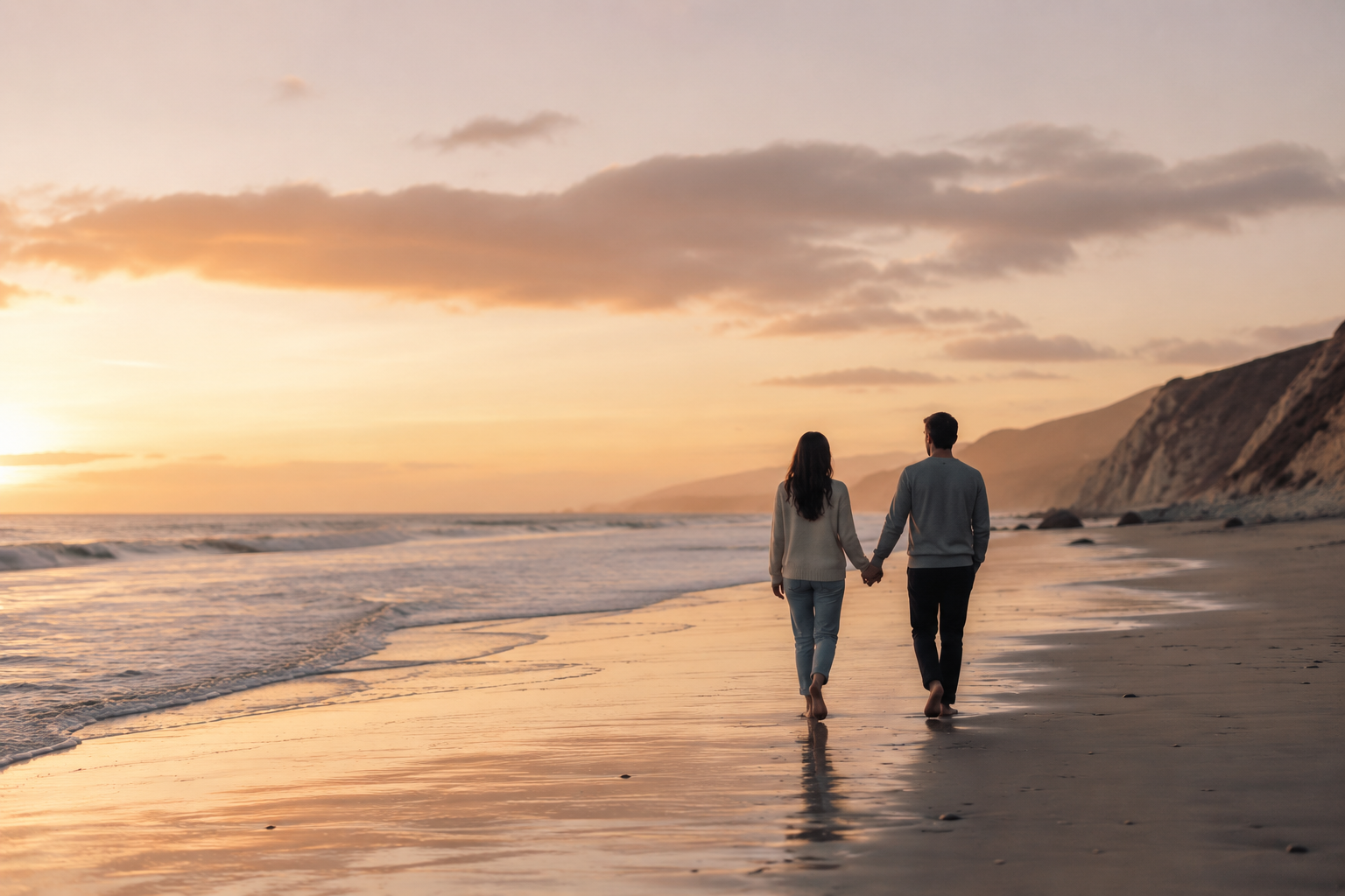 A couple walking together along the shoreline at sunset